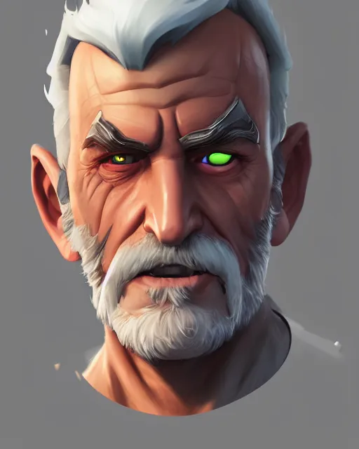 Image similar to overwatch concept art character portrait of a new character who is an elderly man with a scarred face and long mustache and eyepatch, trending on artstation, cgsociety,