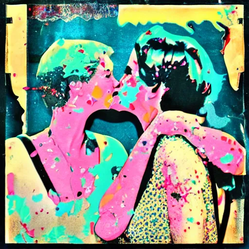 Image similar to two women kissing at a carnival, mixed media collage, retro, paper collage, magazine collage, acrylic paint splatters, double exposure,