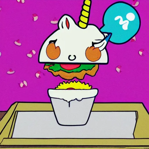 Prompt: unicorn in a leotard eating hamburger