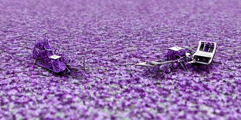 Prompt: a tiny futuristic loom machine that weaves purple threads. the threads gradually turn into a field of purple flowers, aesthetic, intricate, elegant, 8K, concept art, highly detailed, hyper-realistic, polished, artstation
