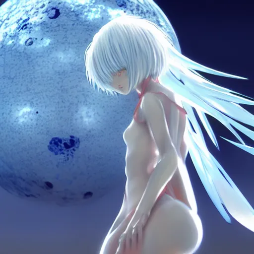 Image similar to Rei Ayanami female anime character, technological big shiny silver liquid chrome rings, inside an otherworldly planet, closed eyes, long silky thick gorgeous clean hair flowing on the wind, shot from the ground by Yoshiyuki Sadamoto, otherworldly experimental environment concept, digital art, trending on artstation, low level, 4K UHD image, octane render, Howl's Moving Castle, tranquil divine observer Nymph by ismail inceoglu nicola samori dragan bibin hans thoma greg rutkowski Alexandros Pyromallis Nekro, Jeffrey Smith, Surrealism, Rene Margitte illustrated, official anime key media, 8k, Sharp, zdzisław beksiński, highly detailed