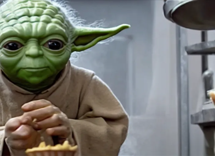 Image similar to film still of yoda working as a pastry chef in the new Star Wars movie, 4k