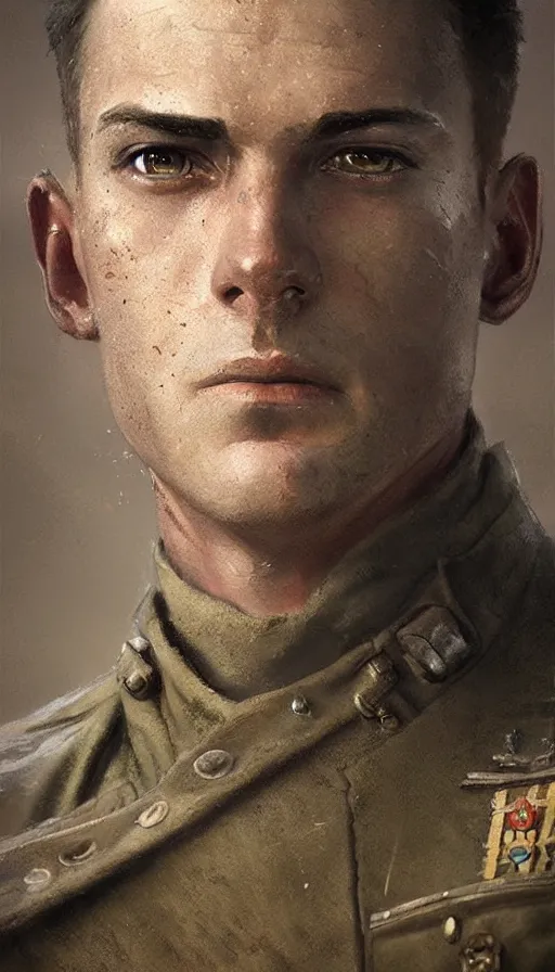 Image similar to Portrait of a WWI pilot, male, detailed face, 20th century, highly detailed, cinematic lighting, digital art painting by greg rutkowski