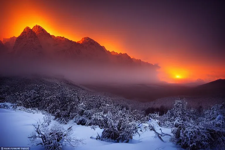 Image similar to amazing landscape photo of nuclear fallout in snowy mountains at sunset by marc adamus beautiful dramatic lighting