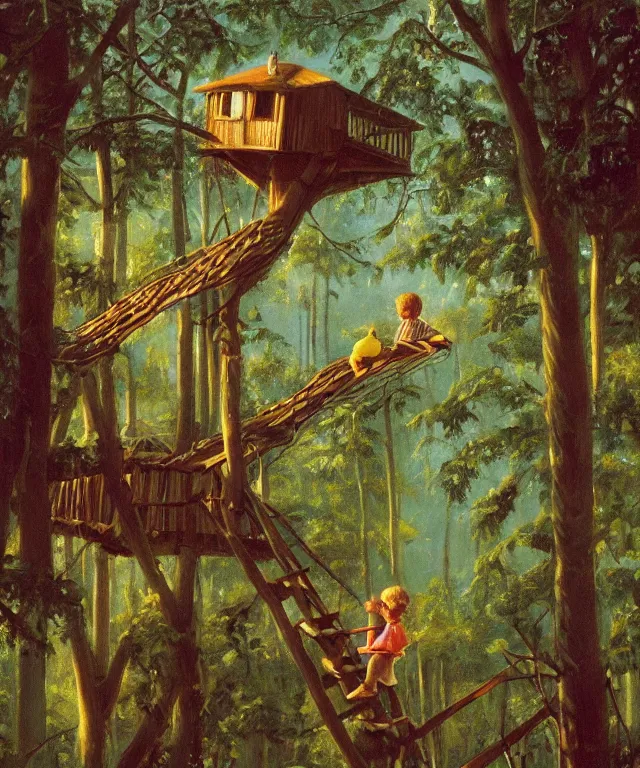 Image similar to masterful oil on canvas painting, eye - level view, shot from 5 0 feet distance, of a kid playing in a treehouse. in the background is a whimsical sparse forest. golden hour, detailed, depth, volume, chiaroscuro, quiet intensity, vivid color palette. by tex avery and gerald brom