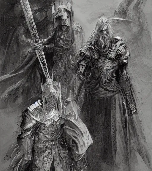 Image similar to long blond hair man in armor with another man with long blong hair tyed up with black robes, pen and ink, intricate line drawings, by craig mullins, ruan jia, kentaro miura, greg rutkowski, loundraw