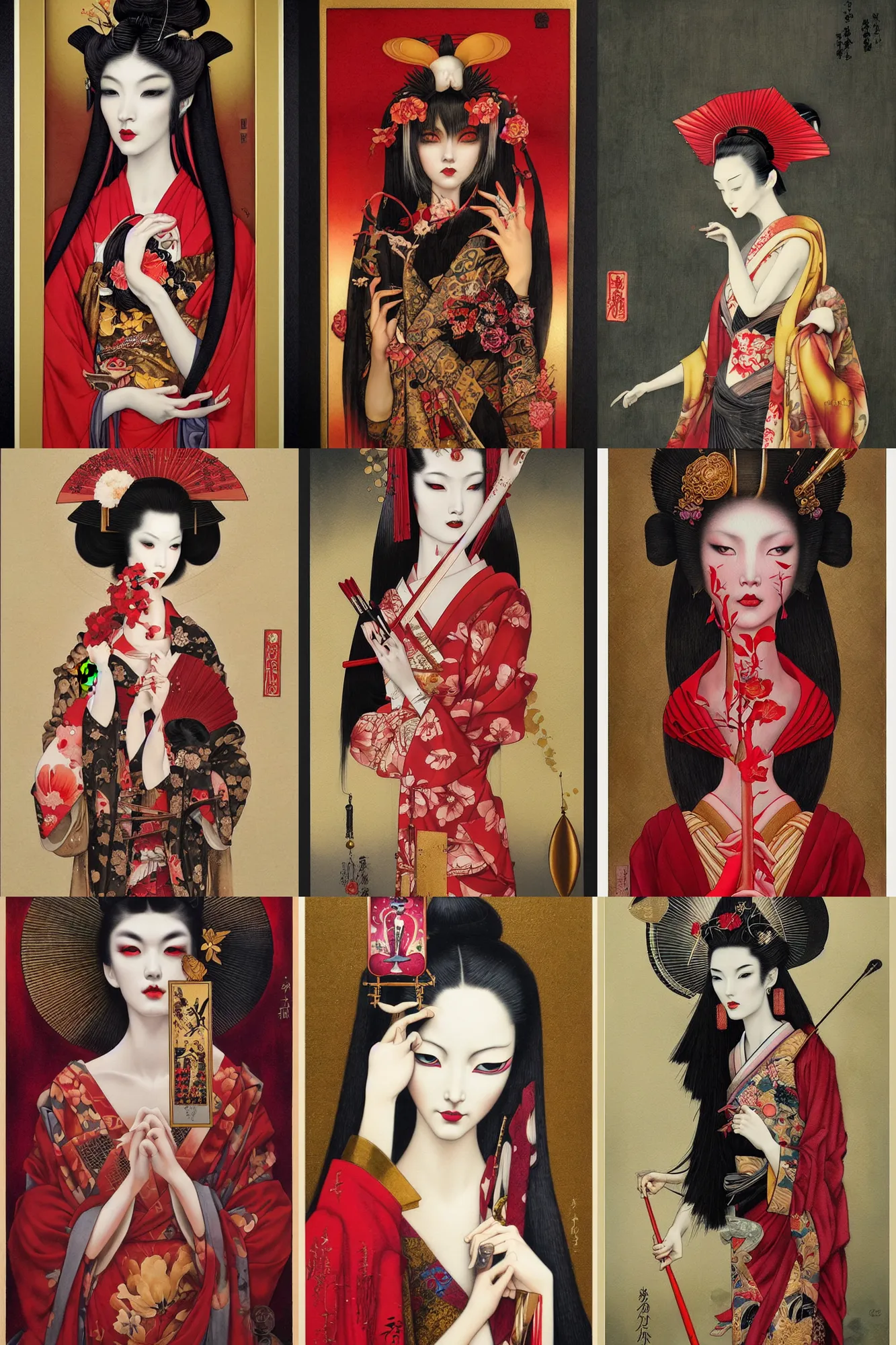 Prompt: watercolor painting of a geisha with a long neck by tom bagshaw, ayami kojima, mark ryden in the style of thoth tarot card, red, gold leaf art black