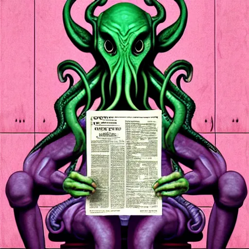 Prompt: humanoid cthulhu vis sitting on a toilet, he is reading a newspaper. the location is a pink and girlish bathroom. The mood is friendly and welcoming. dungeons and dragons style, highly detailed, digital painting, artstation, concept art, sharp focus, illustration, art by Sandro Botticelli and Michelangelo and leonardo da vinci