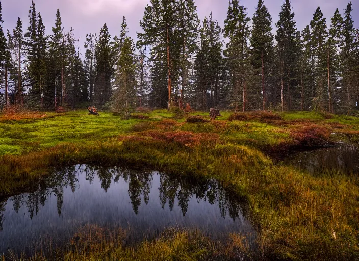 Prompt: nordic mire with a dancing foremother who haunts, scenic sunrise, hdr, photorealism, mist, enchanting scenery, nikon d 8 5 0, wide lens, sigma 5 5