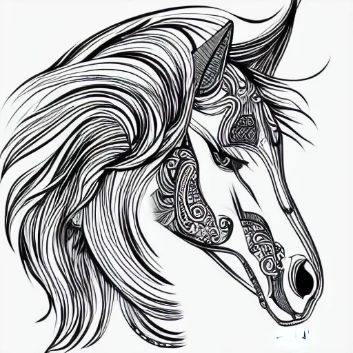 Prompt: beautiful horse, ornamental, fractal, ink draw, line art, vector, outline, simplified