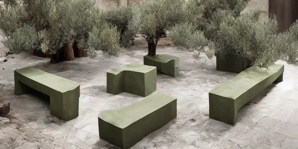 Image similar to creative concrete benches, colorful, olive trees