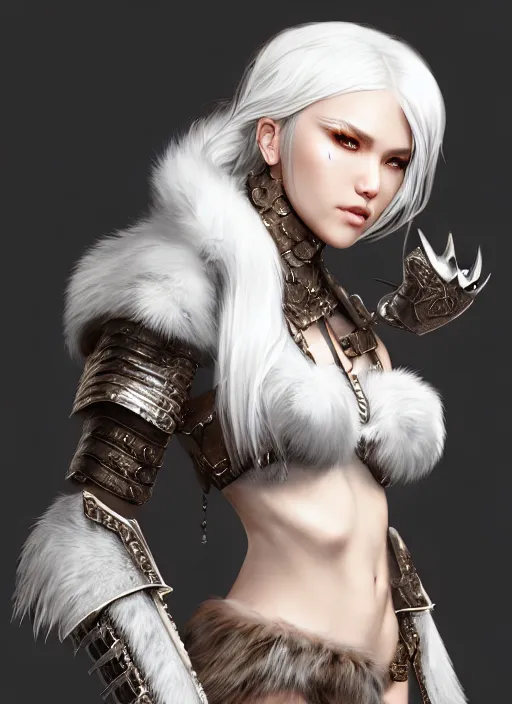 Image similar to barbarian, fur leather armor!!! beautiful and elegant white hair female!! gorgeous ayes!! character concept art, sharp focus, octane render! unreal engine 5! highly rendered!! trending on artstation!! detailed linework!! illustration by artgerm, wlop, and chie yoshii