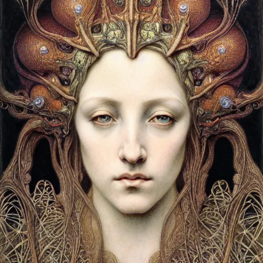 Prompt: detailed realistic beautiful young medieval queen face portrait by jean delville, gustave dore, iris van herpen and marco mazzoni, art forms of nature by ernst haeckel, art nouveau, symbolist, visionary, gothic, pre - raphaelite, fractal lace, surreality