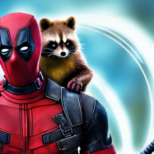 Image similar to deadpool and rocket raccoon together digital art 4 k detailed super realistic