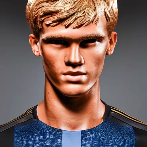 Image similar to a realistic detailed photo of a guy who is an attractive humanoid who is half robot and half humanoid, who is a male android, soccer player martin ødegaard, shiny skin, posing like a statue, blank stare, in a living room, on display, showing off his muscles, gold soccer kit