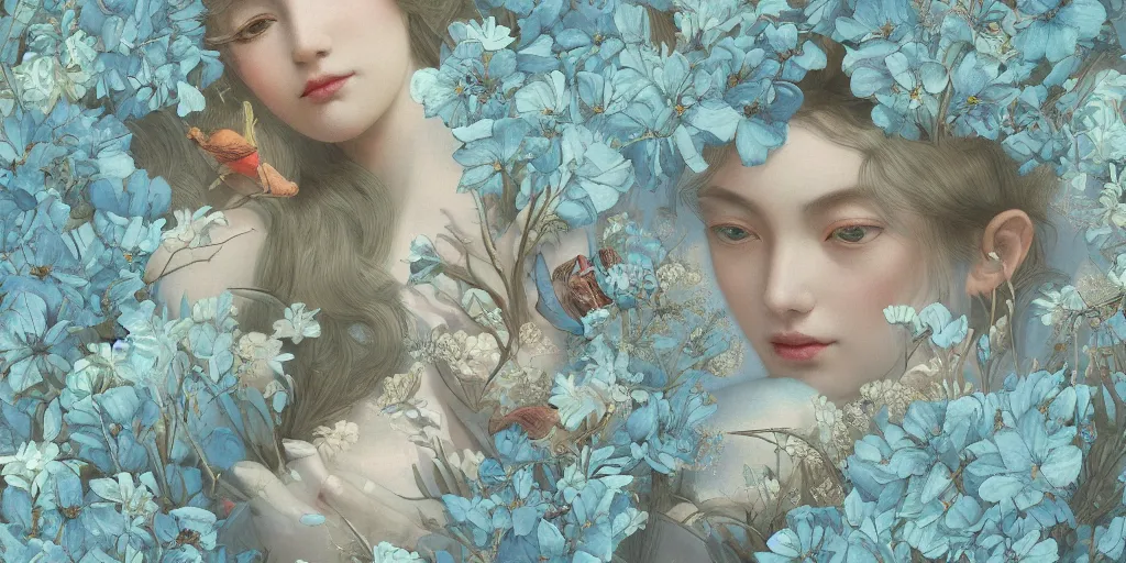 Image similar to breathtaking detailed concept art painting of goddesses of light blue flowers with anxious piercing eyes and vintage illustration pattern background blend of flowers and fruits and birds, by hsiao - ron cheng and beto val and john james audubon, bizarre compositions, exquisite detail, extremely moody lighting, 8 k