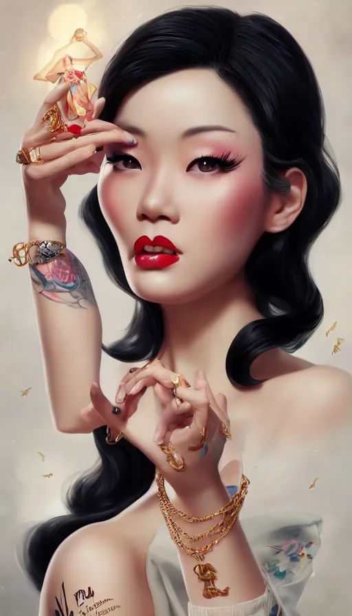 Image similar to a pin up and beautiful fashion and charming and dreamlke asian girl with lv jewelry, medium shot, art by artgerm & ross tran & wlop, hyperdetailed, 8 k realistic, symmetrical, frostbite 3 engine, cryengine, dof, trending on artstation, digital art