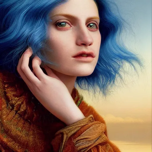 Image similar to A beautiful portrait of a woman with iridescent skin by James C. Christensen, scenic environment and blue hair