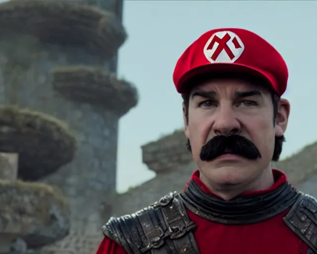 Prompt: promotional image of real life super mario in game of thrones, realistic, red cap with a capital M, dark hair, red clothes, detailed face, movie still frame, promotional image, imax 70 mm footage