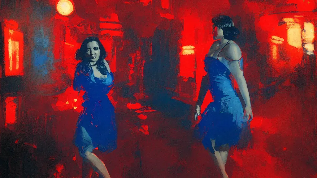 Image similar to portrait of rebekah delrio in mulholland drive, blue and red lights painted by craig mullins