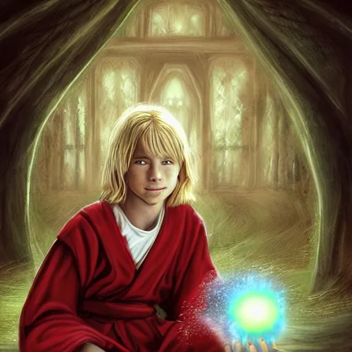 Image similar to Portrait of a 12 year old white boy with blond medium length hair, sitting cross-legged, wearing red sorcerer's robes, holding a crystal ball in his hands and gazing into it, inside of a cabin, Dungeon's & Dragons, digital illustration, deviantart, matte fantasy painting, by Jason Felix by Steve Argyle by Tyler Jacobson by Peter Mohrbacher