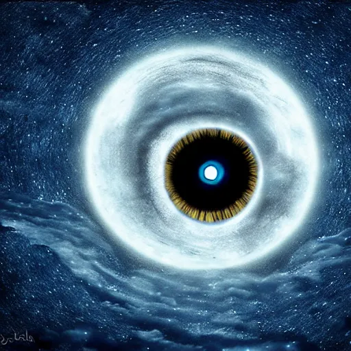 Prompt: Eye of cthulu in the sky, misty weather, starry night, full moon, dark, blue light, haze, digital art