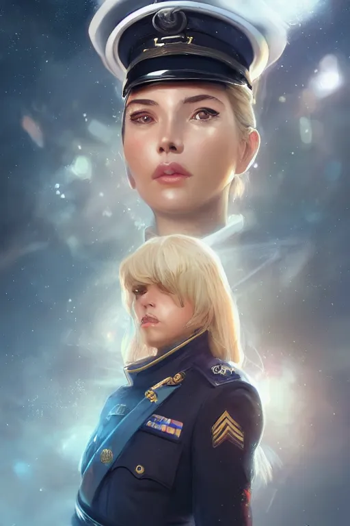 Image similar to beautiful portrait of a female officer wearing a fancy naval uniform, art by wlop and artgerm, science fiction, intricate detail, blonde hair, space background, trending on artstation, sharp focus, illustration, caustics, octane render, radiant light, 4 k