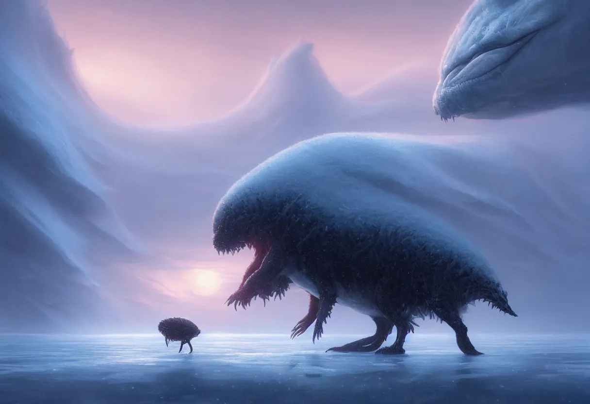 Prompt: strange sea animal emerging from surface of another frozen winter planet at sunset, ultra high definition, ultra detailed, symmetry, fog, matte painting, by greg rutkowski and ross tran and wlop