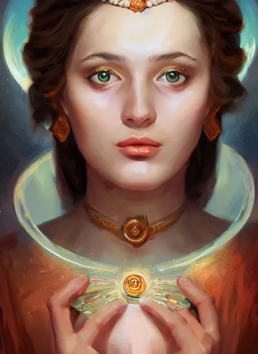 Prompt: Portrait of a beautiful priestess from the oracle of Delphi, looking into the flames, greek mythology, high face detail, in the style of Julia Ustinovich, digital art, Vladimir Volegov