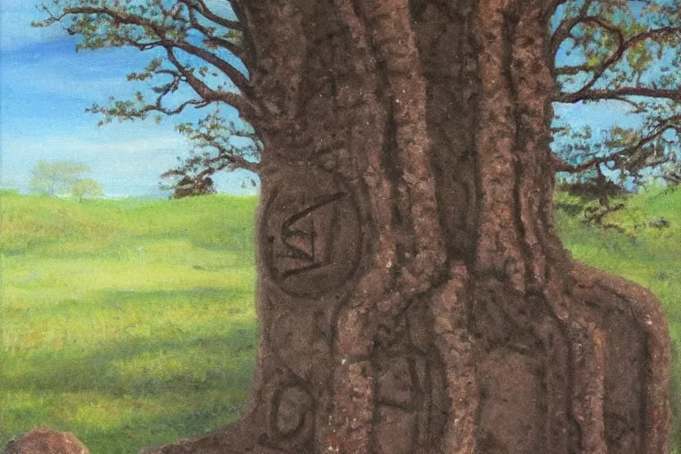 Image similar to runestone, nature, trees, focused, centered, very detailed, norse, oil painting