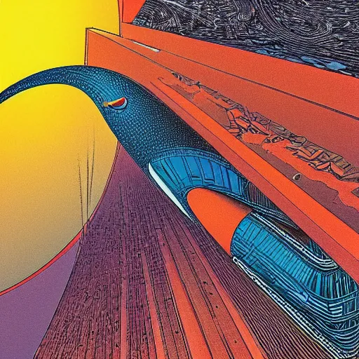 Image similar to A bird's-eye view futurism by jean giraud detailed illustration