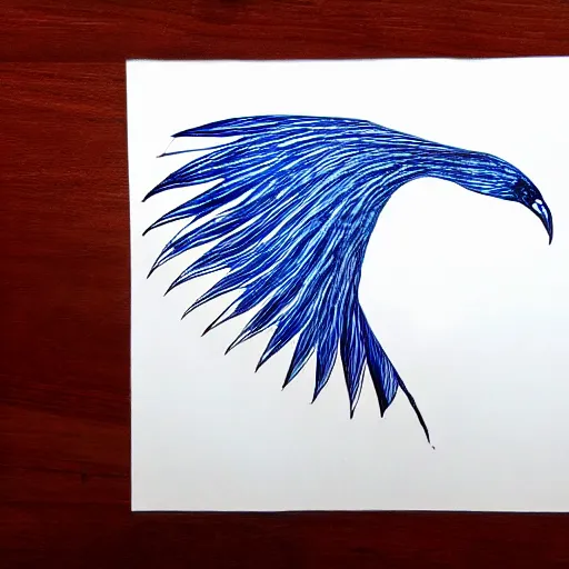 Image similar to single line drawing of a phoenix, blue ink pen