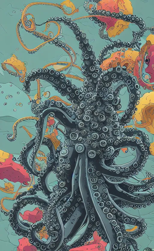 Image similar to robotic octopus by miyazaki, illustration, kenneth blom, mental alchemy, james jean, pablo amaringo, naudline pierre, contemporary art, hyper detailed