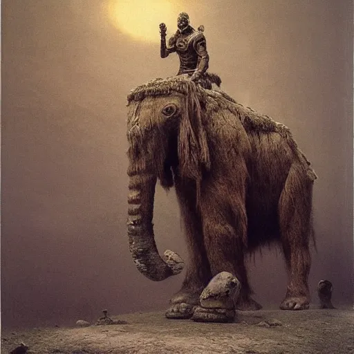 Prompt: ancient mammoth rider, wearing norse armor, beksinski