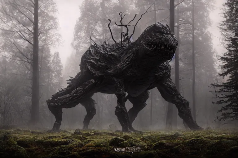 Prompt: dark eldritch monster in a swedish forest, very low angle photograph, very detailed, trending on artstation, realistic, soft colors, simon stålenhag, lovecraft, horror