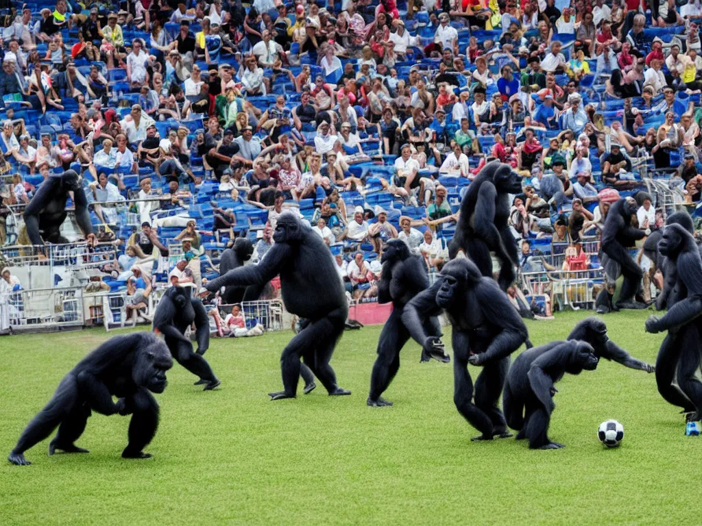 Prompt: gorillas playing a soccer in a stadium full of people, vivid