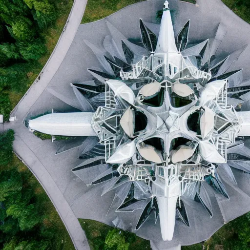 Prompt: Cathedral of shining crystal, aerial drone shot