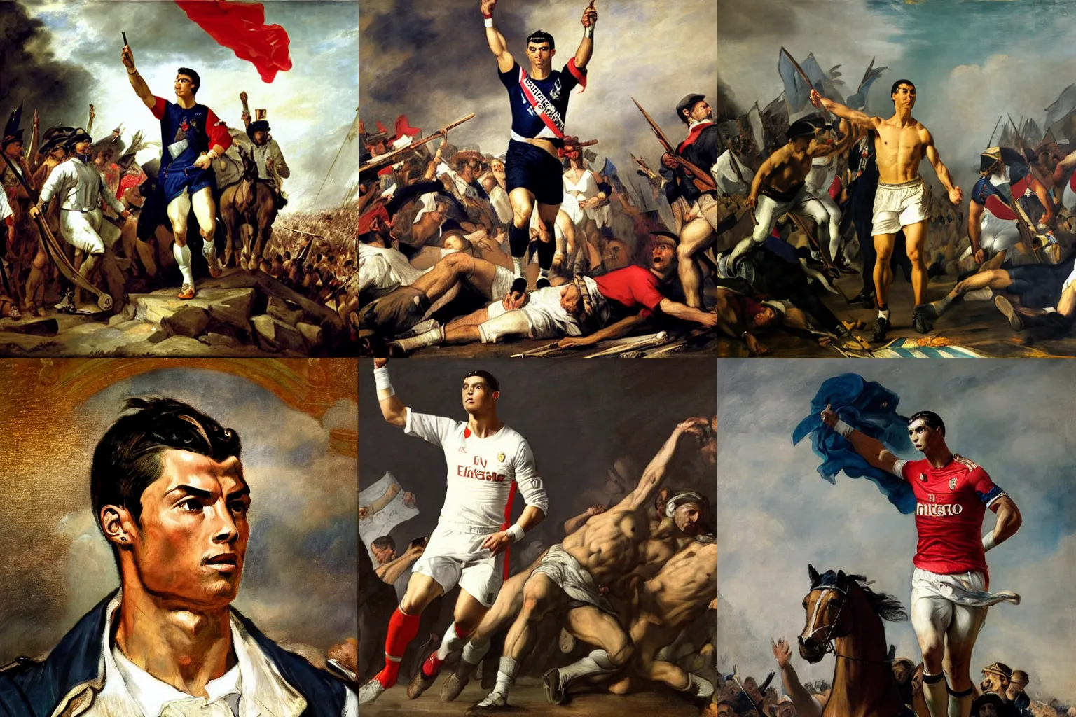 Prompt: Portrait of Cristiano Ronaldo as Liberty Leading the People by Eugène Delacroix, masterpiece 4k digital, highly detailed, trending on artstation, award winning