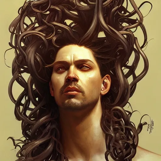 Image similar to male medusa, highly detailed, digital painting, artstation, concept art, smooth, sharp focus, illustration, art by artgerm and greg rutkowski and alphonse mucha