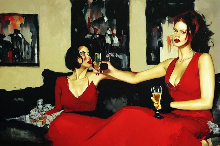 Image similar to a woman in a red dress sits on a sofa and drinks champagne in a dark living room, painted by phil hale and rick berry and dean cornwell and norman rockwell and jeremy mann