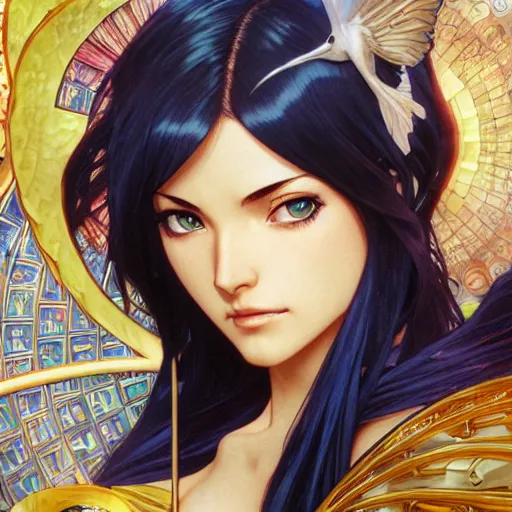 Image similar to highly detailed vfx portrait of nico robin, makoto shinkai, alphonse mucha, sharp focus, art by artgerm and greg rutkowski, backlit, harsh overhead sunlight, blue eyes, stanley kybric