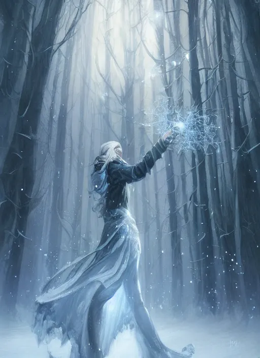 Prompt: a mage casting a frost spell by charlie bowater and john howe