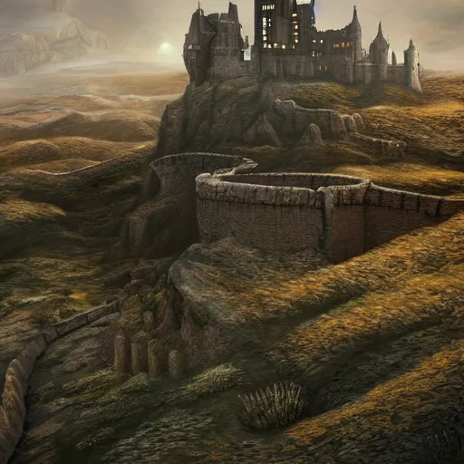 Image similar to a fantasy matte painting of a lone castle in barren fields, artstation, intricate details