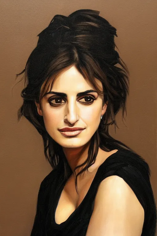 Image similar to oil painting, portrait of penelope cruz, artwork by caravaggio