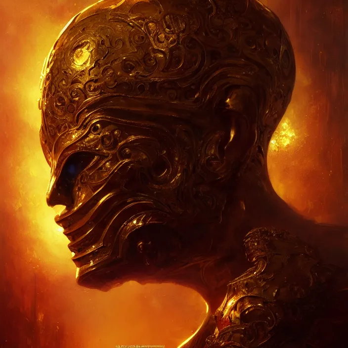 Image similar to 4k Golden mask with three faces in the dark, art by greg rutkowski, art by craig mullins, art by thomas kincade, art by Yoshitaka Amano