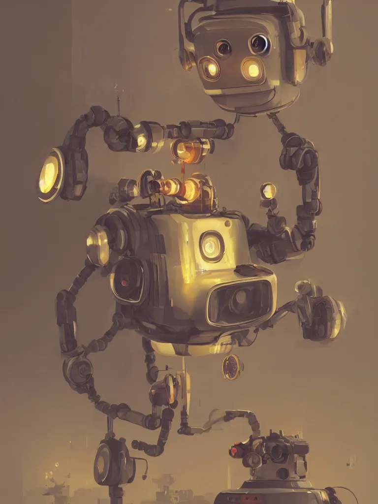 Prompt: a portrait of a cute robot in a painting from stalenhag, 4 k, 8 k, hdr, artstation, concept art