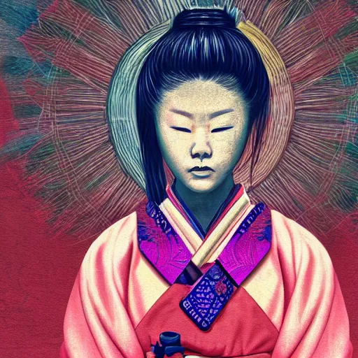 Prompt: samurai woman in meditation, hyper realistic, illustration, digital paint, vivid colors