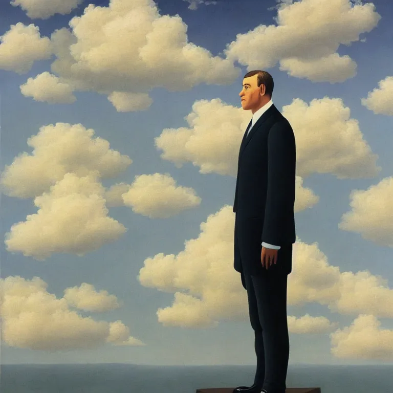 Image similar to portrait of a man made out of clouds in a suit, by rene magritte, detailed painting, hd, hq, high resolution, high detail, 4 k, 8 k