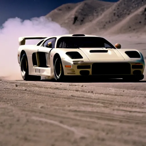 Image similar to a saleen s 7, drifting, on the moon, smoke coming from tires, film still, panavision panaflex