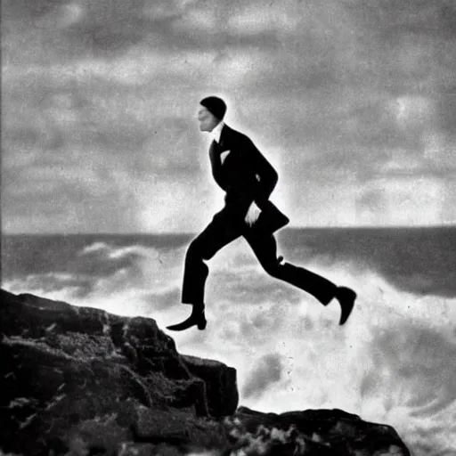 Prompt: anthro fox man in suit about to fall off cliff into scary stormy ocean, far shot, 1920s film